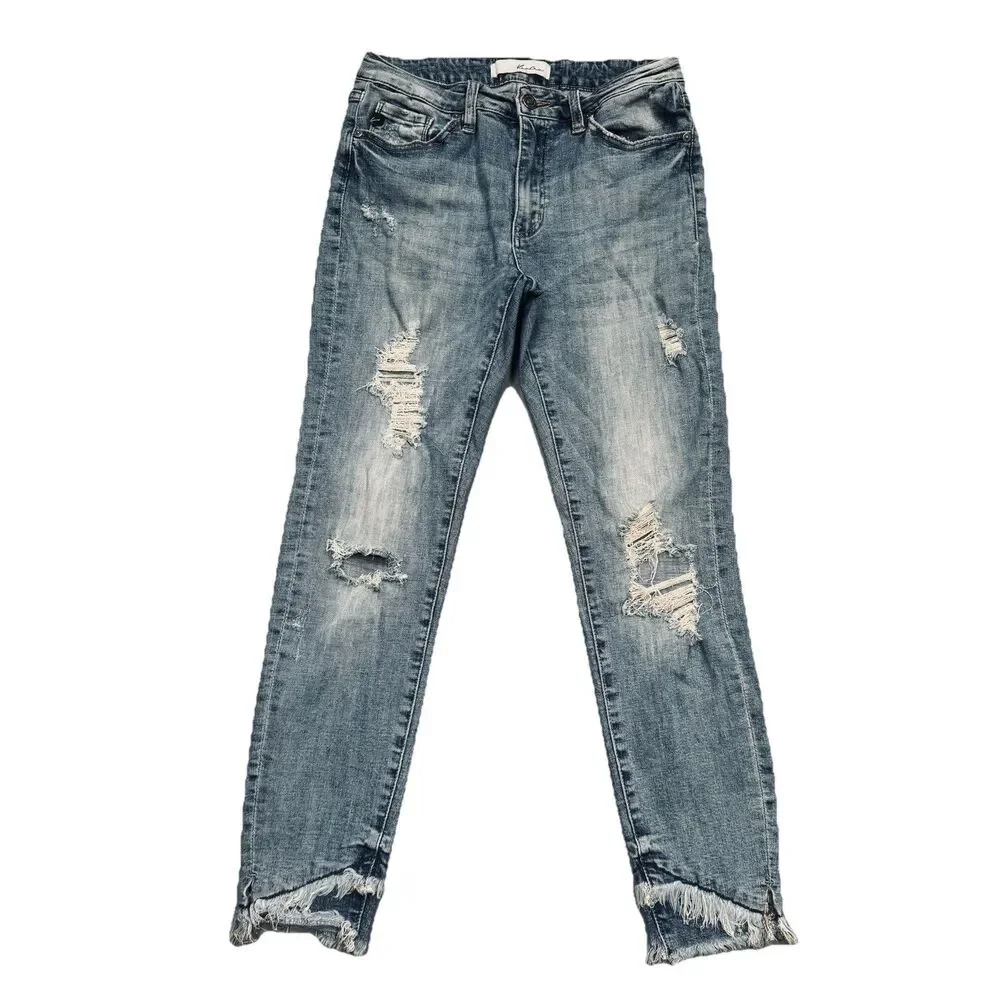 KanCan Ankle Capri Jeans 9/28 (27x25.5) Blue Distressed Super Stretch Juniors